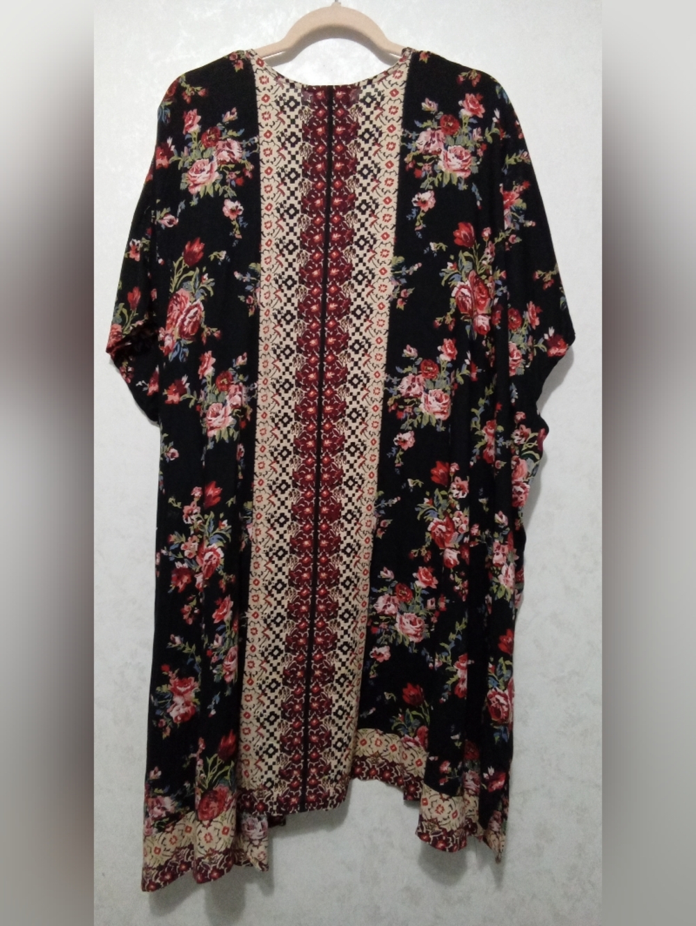 Angie Floral Boho Kimono Cardigan Open Front Wrap Black Pink Large - Picture 3 of 6